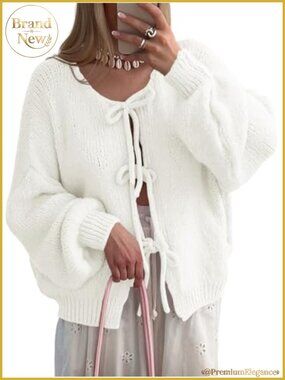 Chic Bow Tie Front Cardigan Sweater - Oversized Knit Long Sleeve